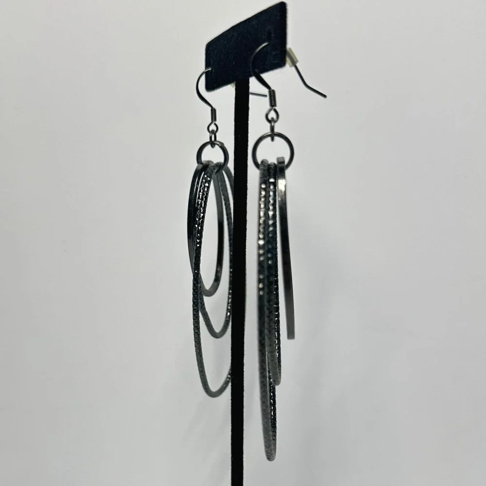 Black Triple Hoop Dangle Earrings Layered Gunmetal Boho Statement‎